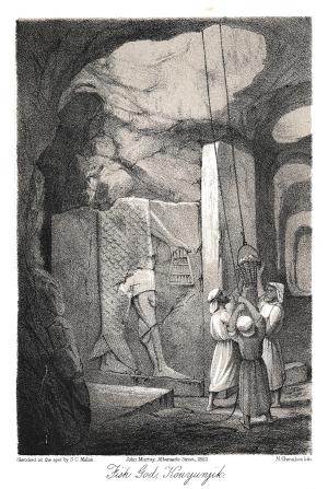 Print of women in a cave.
