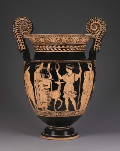 Black vase with tan figures of humans, animals, and geometric details.