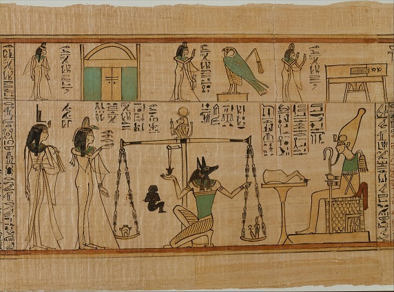 Papyrus illustrations of human figures, animals, and hieroglyphics.